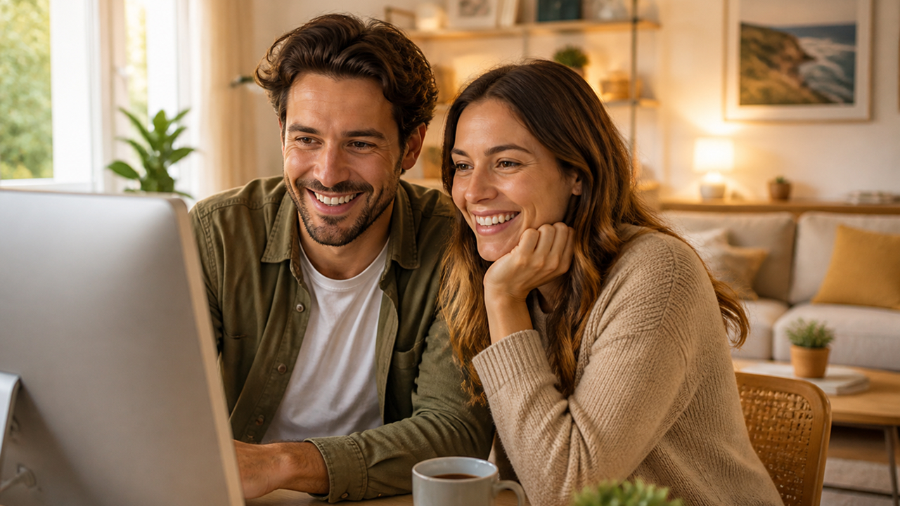 Couple heureux utilisant le simulateur
