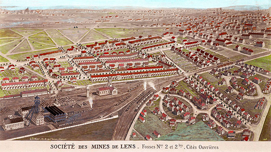 Illustration ancienne en couleur représentant les cités minières de Lens, avec les fosses, les voies ferrées et les maisons ouvrières.
